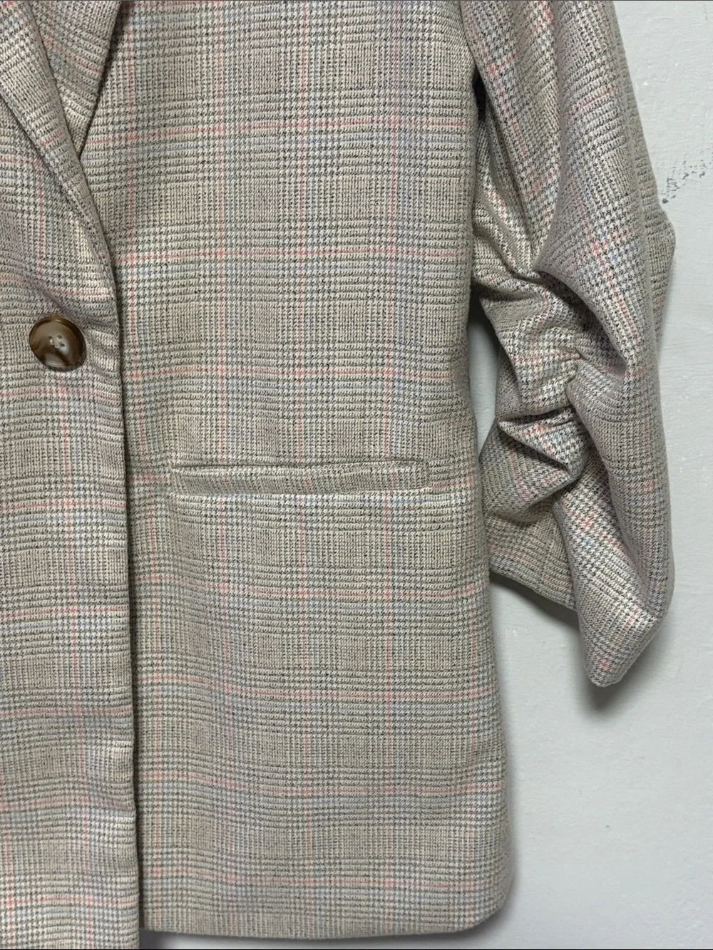 SKIES Are BLUE Plaid Blazer | Size L | Ruched Sleeve Double Button Jacket